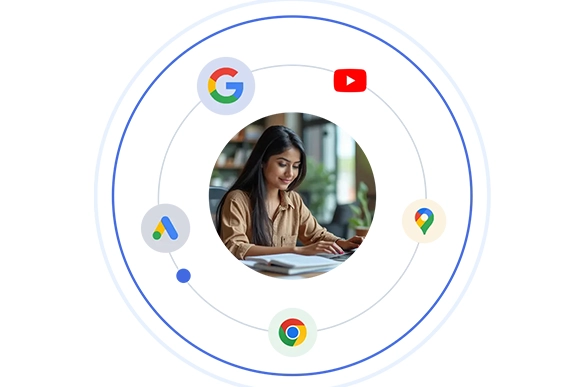 Woman working on a laptop surrounded by Google platform icons like Ads, YouTube, and Maps.