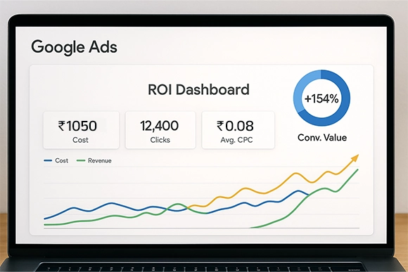 Google Ads ROI dashboard with metrics and growth graph managed in Mangalore.