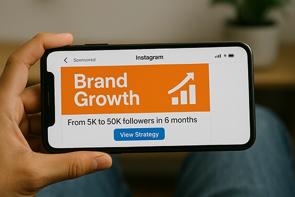 A picture in a phone in landscape, reads: Brand Growth with a graph bars and rising arrow