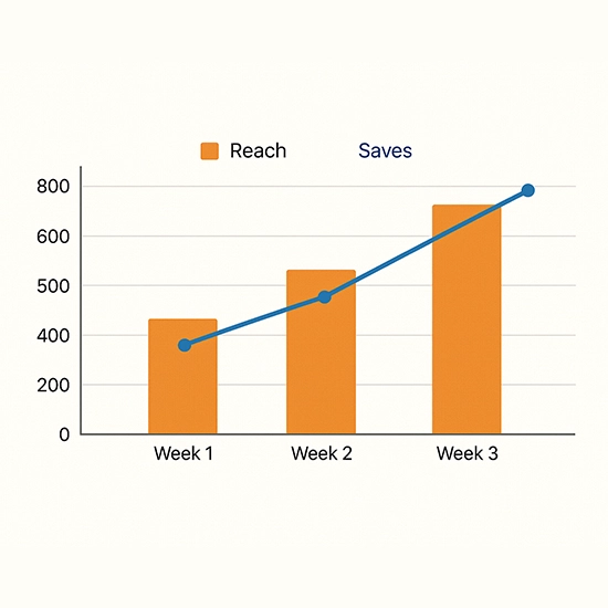 Bar and line graph showing increasing social media reach and saves over three weeks.